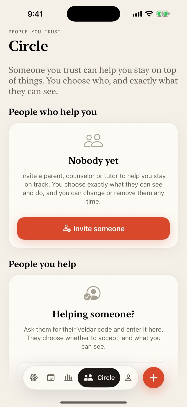 The Circle tab in Veldar. Under the line that someone you trust can help you stay on top of things, a card says Nobody yet with an Invite someone button, and a second card asks Helping someone? to enter a code.