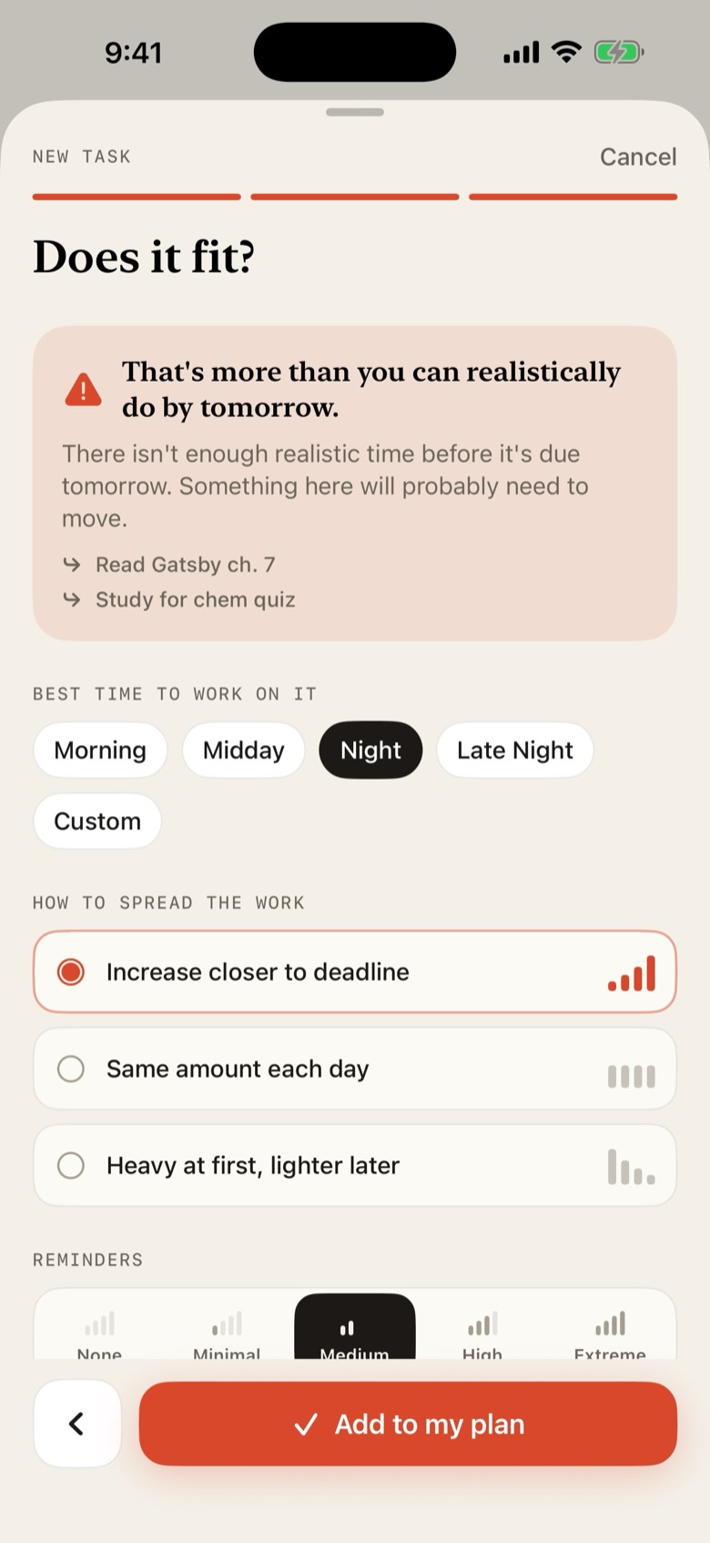 The Does it fit step of adding a task in Veldar. A warning says it is more than you can realistically do by tomorrow and lists two tasks that would need to move, above choices for the best time to work and how to spread the work.