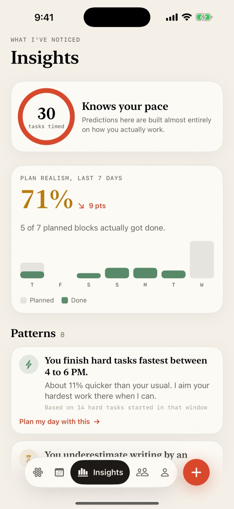 Veldar's Insights tab. A card says 30 tasks timed, a chart shows plan realism for the last 7 days at 71 percent with planned and done bars, and a pattern says you finish hard tasks fastest between 4 and 6 PM.