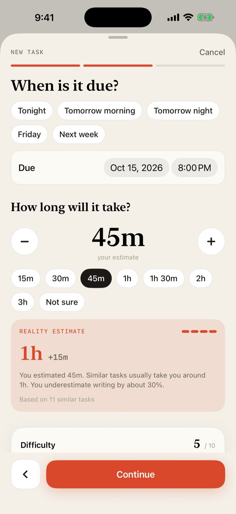 Veldar's new task screen. The estimate is set to 45 minutes, and a Reality Estimate card says similar tasks usually take around 1 hour, based on 11 similar tasks.