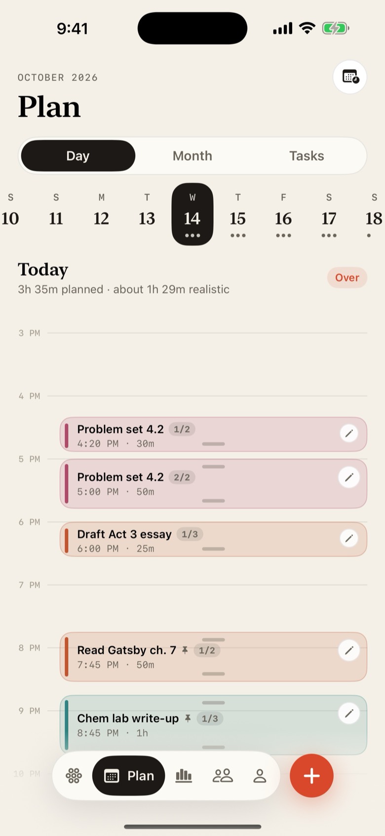 The Plan tab in Veldar. A day timeline from 3 PM to 10 PM shows five colour-coded work blocks with edit buttons and resize handles, two of them pinned, under a summary of 3h 35m planned and about 1h 29m realistic.