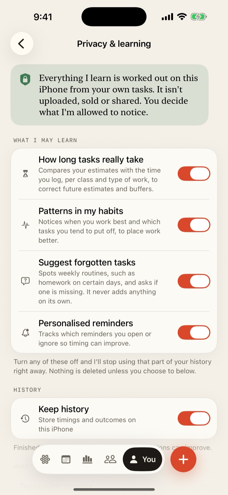 Veldar's Privacy and learning screen. A note says everything it learns is worked out on this iPhone from your own tasks and is not uploaded, sold or shared, above separate switches for each kind of learning.