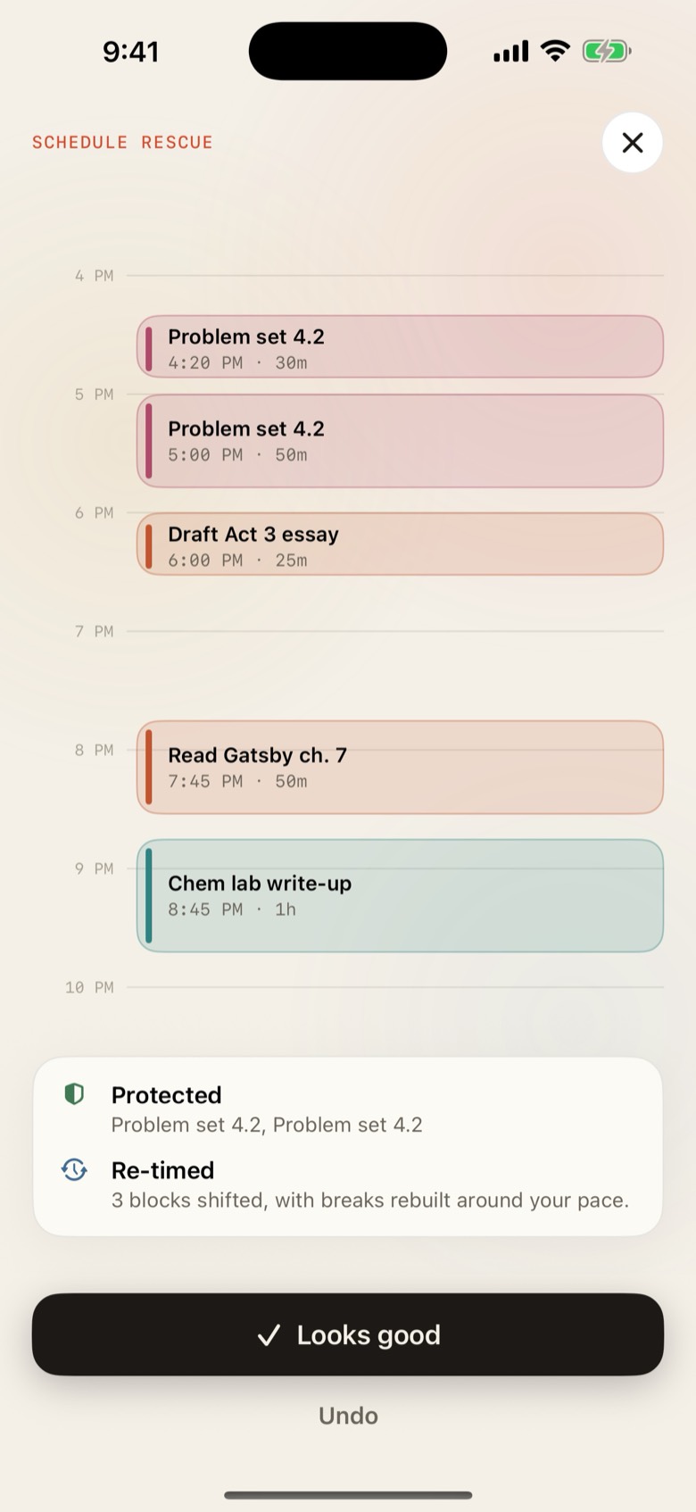 Veldar's Schedule Rescue result. A timeline from 4 PM to 10 PM shows five rebuilt work blocks, and a panel says which blocks were protected and that three were re-timed, above Looks good and Undo buttons.
